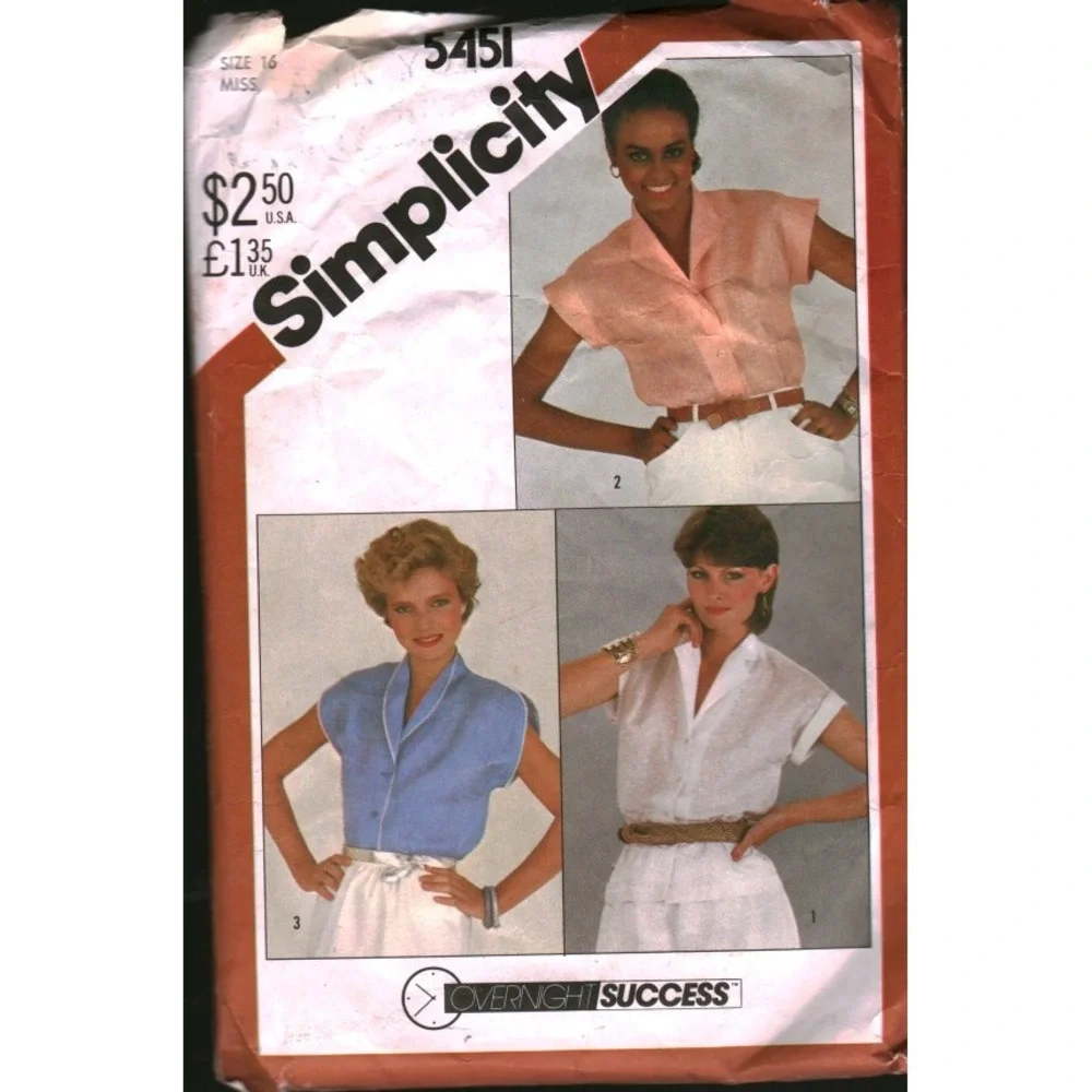 Simplicity 5451 Sewing Pattern Misses Shirts Shawl Collar Cap Sleeve Size 16 VTG